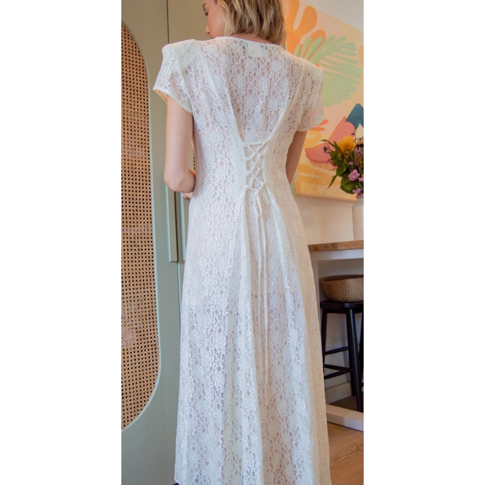 90s Lace Short Sleeve Button Front Ankle Length Dress - Picture 3 of 10